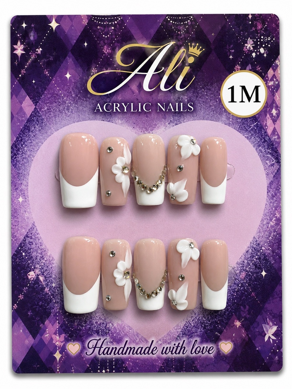 Ali Acrylic Press-On Nails - Nude Pink French with White Floral Gems